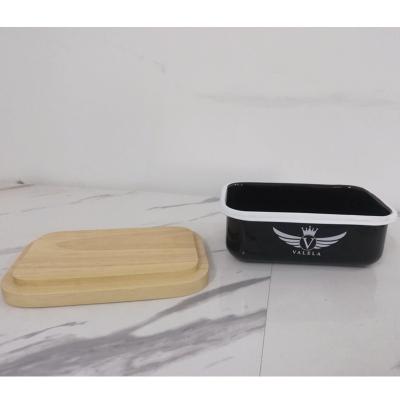 China Traditional black butter dish with bamboo lid for sale