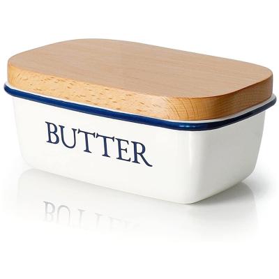 China Traditional white butter dish with bamboo lid for sale