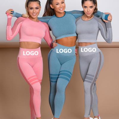 China Breathable Custom High Waist Seamless Mesh Yoga Fitness Woman Long Sleeve Wear Pants Leggings Yoga Gym Set for sale