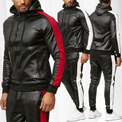 China Breathable Casual Hooded Jacket and 2 Piece Sweatsuit Pants Jogging Suit Tracksuits Men's PU Leather Hoodies Set for sale