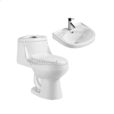 China Dual-Flush South America Inodoros Set Siphonic siphon jet water closet bathroom One Piece s-trap 300mm wc Toilet wall hung basin set for sale