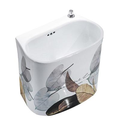 China Modern Oval Ceramic Leaf Pattern anti block mop sink  Balcony Mop Tub Floor Mounted Rapid Sewage Disposal Bathroom Mop Tub for sale