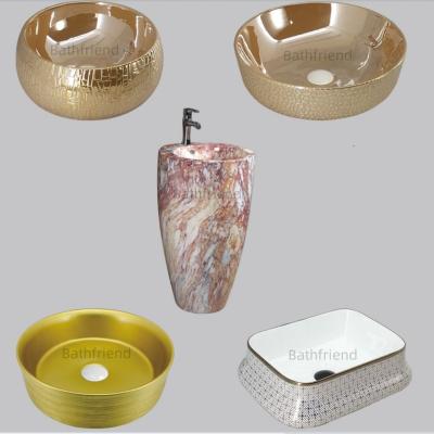 China Eco-Friendly Ceramic Stone Marble Decal Design Hand Wash Table Top Art Basin Color Golden Bathroom Basin in Different Color for sale