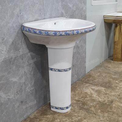 China Modern Blue Fancy Decorated Wash Basin Two Piece Freestanding Basin Ceramic Lavabo Bathroom Pedestal Basin for sale