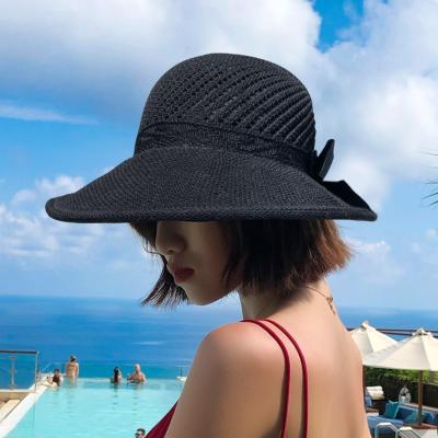 China Soft High Quality Foldable Outdoor Women Bow Top Summer Straw Hat Beach Blank Hat for sale