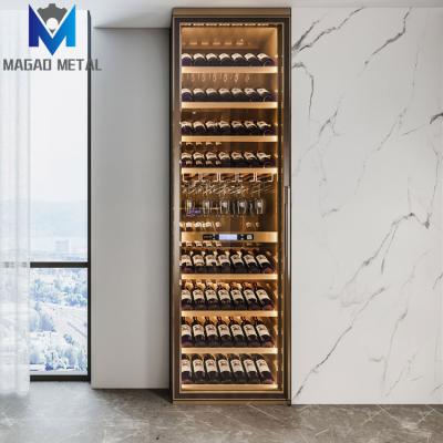 China Metal Furniture Design Stainless Steel Wine Rack Glass Liquor Display Showcase for sale