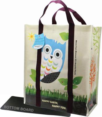 China Promotional Super Strong Laminated Woven Reusable Shopping Recycled Tote Bag, Free Standing, Recycle Plastics With Bottom Board for sale