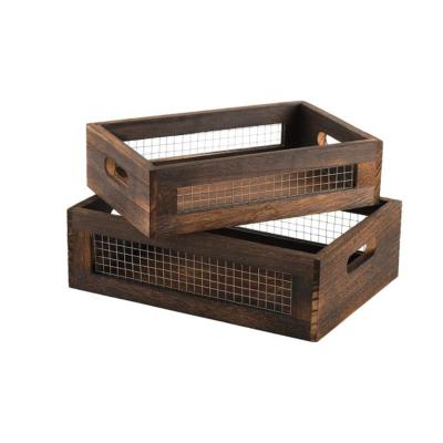 China Eco-Friendly Rustic Wooden Organizer Set of 2 Wooden Storage Box Crates Basket Decorative Nesting Boxes with Handle for sale