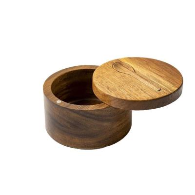 China Amazon Simple Viable Kitchen Box Wooden Storage Jar Lid Rotatable Acacia Wood Salt Seasoning Storage Box for sale