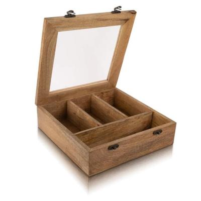 China Handmade Wooden Organizer Container Holder Tea Caddy Storage Chest Rack with 4 Compartments Natural Decorative Box for sale