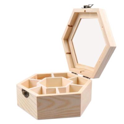 China Europe DIY Handmade Hexagon Shape Unfinished Wooden Jewelry Organizer Display Case Jewelry Box for sale