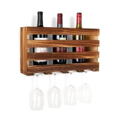 China Wholesale Sustainable High Quality Rustic Wooden Wine Glass Bottle Holder Wall Mounted Wine Rack With Glass Rack for sale