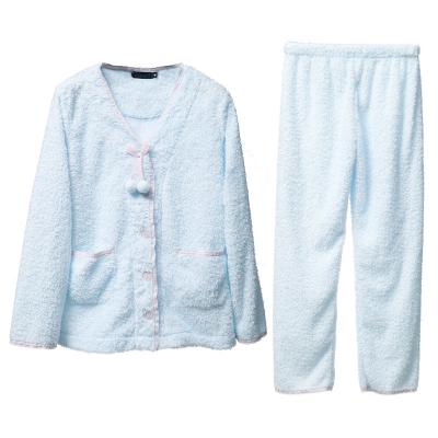 China Girls thermal custom flannel fluffy comfortable pajamas beige and blue thick pajamas set two pieces cute pajamas for sale