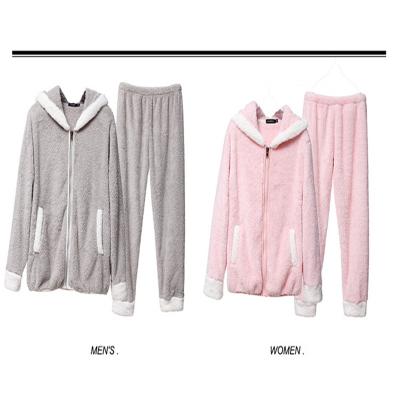 China Couples Flannel Thermal Pajamas Set Gray And Pink Thick Coral Warm Winter Fleece Cozy Fluffy Pajamas Homewear for sale