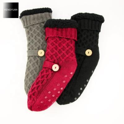 China Hengyuan Breathable Women Basket Knit Button Trimmed Non-Slip Sherpa Fleece Lined Slipper Socks for sale