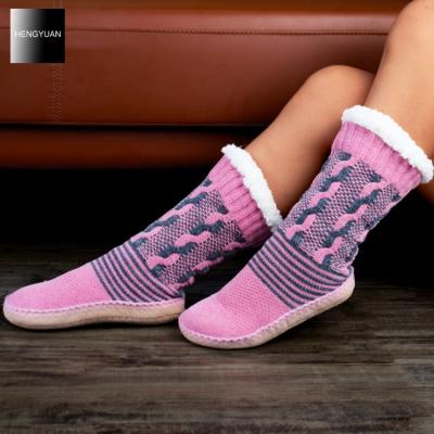 China Hengyuan Breathable Knit Sherpa Fleece Lined Slipper Socks, Slipper Socks For Women With Leather Sole for sale