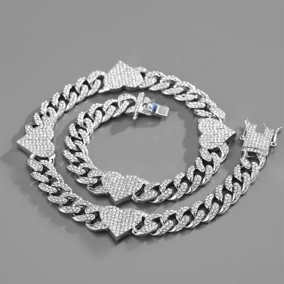 China FASHIONABLE European and American Personality Cuban Chain Adjustable Bracelet Heart and Silver Diamond Hip Hop Necklace For Men for sale