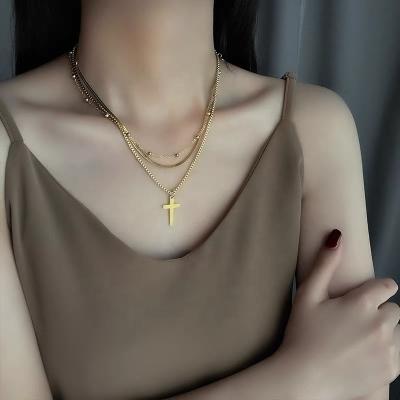 China FASHIONABLE Gold Cross Bead Cross Bone Snake Necklace Clavicle Chain Stainless Steel Multilayer Cross Necklace Layered Necklace For Gift for sale