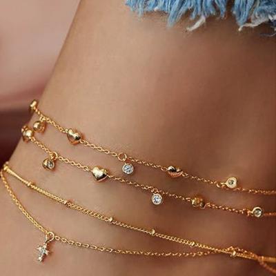 China 2022 New Products Foot Accessories Peach Star Anklet Multilayer Five-pointed Other Single Diamond Cross Heart Beaded for sale