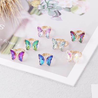 China New trend romantic simple fashion personality brass gradient butterfly adjustable opening glass ring for miss for sale