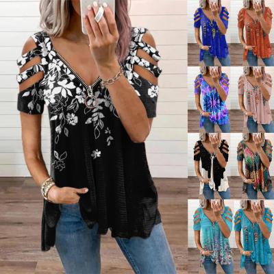 China 2021High-quality Wholesale Women's V-Neck Blouse QUICK DRY Zipper Loose Printed Short Sleeve T-shirt for sale