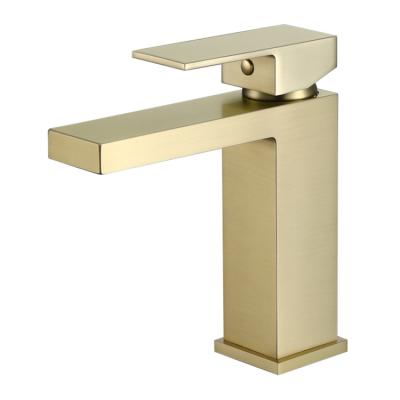 China Metered Faucets Brushed Single Hole Modern Single Hole Dresser Gold Bathroom Sink Faucet Cast Brass Rectangular Handle Faucet for sale