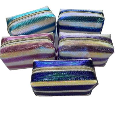 China Fashoion New Style Striped Travel Cosmetic Portable Toiletry Square PU Lady Bags Storage Cosmetic Bag for sale