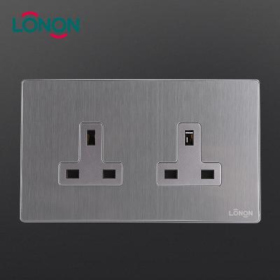 China UK 3 Pin Outlet Double Safety Electrical Stainless Steel Cover 250V 2 PC Strip 13A Wall Socket for sale