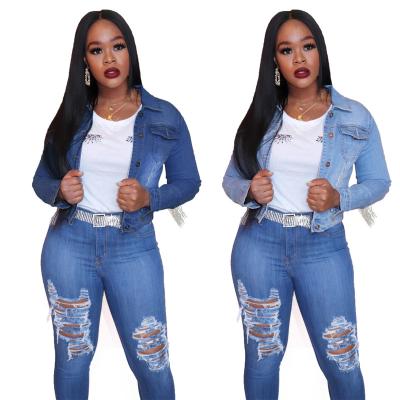 China Hot Short Anti-Shrink Design Ripped Jeans Jacket Self Fabric Tassels Denim Jacket Women for sale