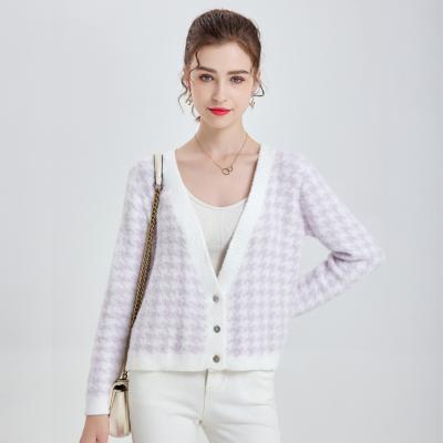 China Custom Made Houndstooth Sweaters Faux Fur Long Sleeves Anti-pilling Cardigan High Quality Modest Pattern Sweaters for sale