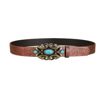 China Pearlbellt fashion alloy retro all turquoise printing ethnic style PU belt sexy designer belts punk belt for sale