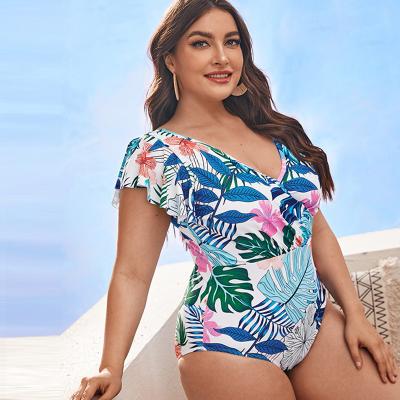 China Yolo plus size 2022 new plus size printing ruffle sleeve bikini one-piece swimwear for sale