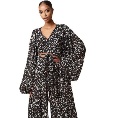 China New Digital Print Of Casual Yolo's Leopard Lace Up Lantern Long Sleeve Cardigan Loose Pants Sets For Women for sale