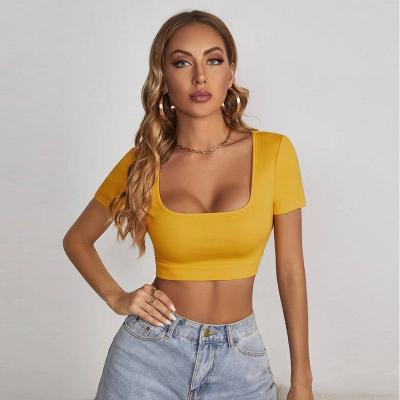 China Yolo Breathable Summer New Style Square Collar Exposed Sleeve Sexy Slim Fit Women Shorts Style Navel Street T-Shirt for sale