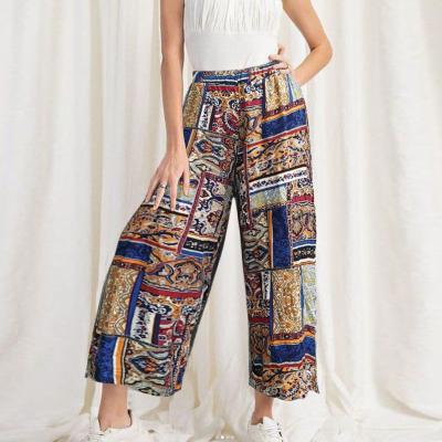 China Viable Yolo Middle East Vintage High Waist Elastic Waist Printed Women's Blue Wide Leg Tube Foot Wide Straight Plaid Tube Pants for sale