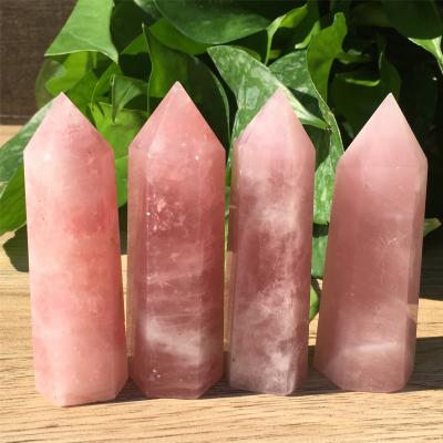 China Wholesale Natural Europe Rose Quartz Crystal Rough Stone Carving Magic Wand Healing Crystal Tower for sale