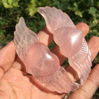 China Europe wholesale mixed crystal wings badge heart crystal stone rose quartz heart badge wings shape for sale