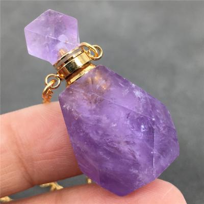 China Wholesale Custom Natural Europe Crystal Hand Carved Amethyst Essential Oil Perfume Bottle Clavicle Chain for sale