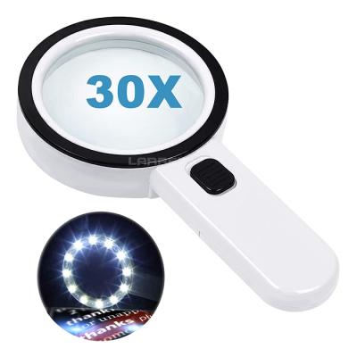 China Magnifier Used Simple12 LED Light Lamp 30X Magnifier Large Lens Portable Handheld Magnifier With Stand For Inspection for sale