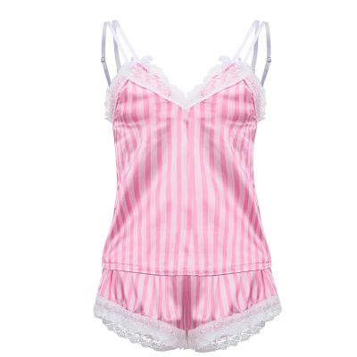 China Summer Style Breathable Joyhub Elastic Waist Women Lace Up Women 2 Piece Stripe Pajama Set for sale