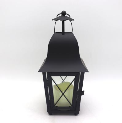 China Home Saving Led Candle Holder Black Metal Hanging Candle Clear Glass Vintage Outdoor Decorative Lantern for sale