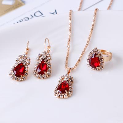 China Best Selling Waterdrop Rhinestone Crystal Necklace Ring Earrings Women Nickel Free Jewelry Set Elegant Luxury Wedding Jewelry for sale