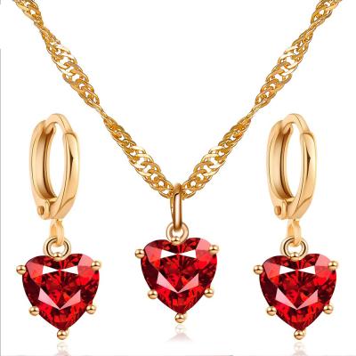 China Women Romantic Red Color Heart Rhinestone Jewelry Set Gold Plated Waterdrop Earrings Chain Necklace for sale