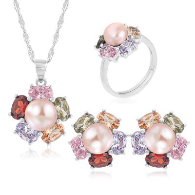 China Fashionable Luxury Elegant Lady Color CZ Flower Necklace Earrings Rings 925 Sterling Silver Natural Pearl Jewelry Set for sale