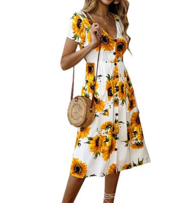 China China factory new fashion printed sunflower wholesale anti-static anti-static button women's dress for sale