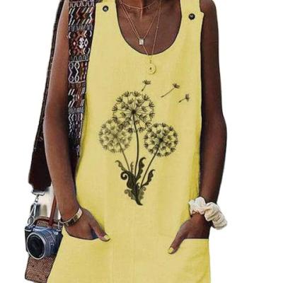 China China factory wholesale new antistatic dandelion printed pocket button cotton and canvas straps dress for sale