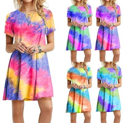 China 2020 anti-static the new anti-static slim casual dress plus size women's colorful rainbow dyed tie print dress for sale