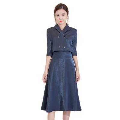 China 2 Piece Office Ladies Formal Half Sleeve Anti-Static Half Lapel Fall Satin Criss Cross Blouse Work Midi Dress for sale