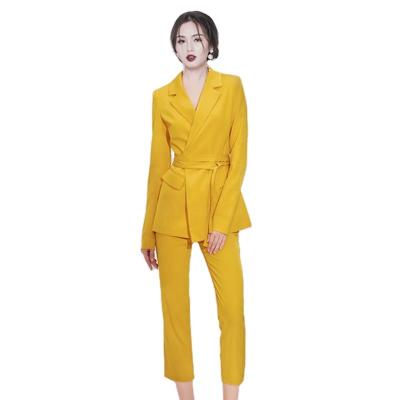 China Latest Fashion Style Anti Shrink Mature Lapel Blazer Two Piece Coat Sets Long Sleeves Slim Pant Suit for sale