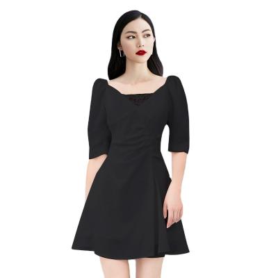 China Anti-Static Women Half Lace V-Neckline Autumn Dress 2020 Sheath Slim Back Zipper Ruched Lady Party One-Line Dresses for sale